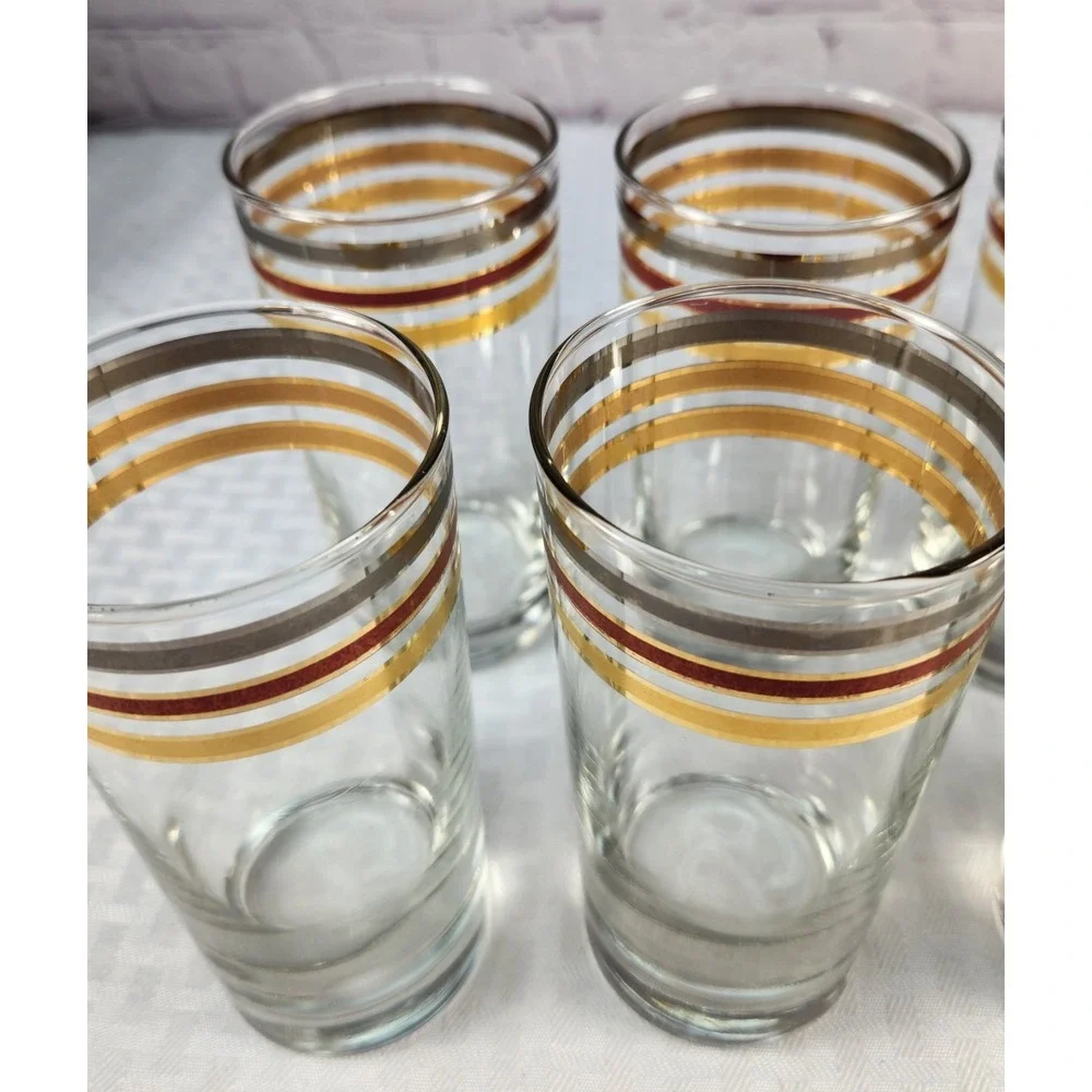 Set Of 8 Culver LTD Gold Banded Rondo 12 Oz. MCM Tall Drinking Bar Glasses 5.5